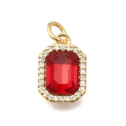 Красный Латунь стекло кулоны, прямоугольный шарм, с кубическим цирконием и прыгающим кольцом, граненые, реальный 18 k позолоченный, красные, 13.5x9x5 мм, отверстие : 3 мм