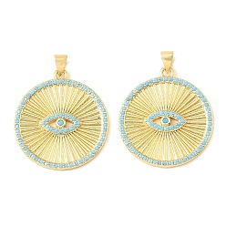 Plaqué 18K Or Véritable Pendentifs en laiton micro pavé de zircons cubiques bleu ciel, rond plat avec breloques mauvais œil, crémaillère plaquage, plaqué longue durée, sans cadmium et sans plomb, réel 18 k plaqué or, 29x26x2mm, Trou: 4.5x3.5mm