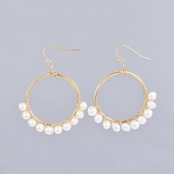 Real 18K Gold Plated Natural Freshwater Pearl Dangle Earrings, with Brass Earring Hooks and Copper Wire, Real 18K Gold Plated, 50~53mm, Pin: 0.6mm