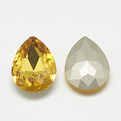 Topaz Pointed Back Glass Rhinestone Cabochons, Back Plated, Faceted, teardrop, Topaz, 18x13x5mm