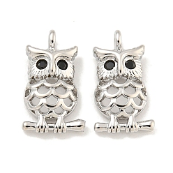 Платинированный Латунные микропаве из черного кубического циркония, без кадмия, без никеля и без свинца, очарование совы, Реальная платина, 13x7x3 мм, отверстие : 1 мм