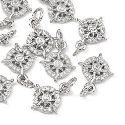 Real Platinum Plated SHEGRACE Brass Micro Pave Cubic Zirconia Charms, Ring with Sun Charms, Cadmium Free & Lead Free & Nickel Free, Real Platinum Plated, 12.5x10x2mm, Hole: 3.5mm