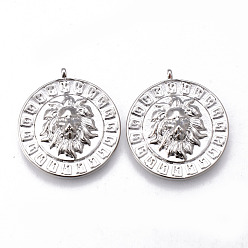 Platinum Brass Pendants, Nickel Free, Flat Round with Lion Head, Platinum, 28x24.5x5mm, Hole: 1.2mm