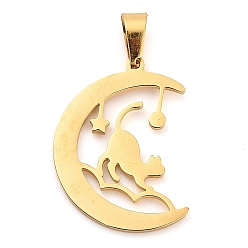 Настоящее золото 18K 304 подвески из нержавеющей стали, лазерная резка, луна с кошачьим шармом, реальный 18 k позолоченный, 22x16.5x1 мм, отверстие : 5x3 мм