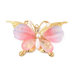 Ярко-Розовый 304 стекло нержавеющая сталь большие кулоны, очарование бабочки, с ABS имитации жемчуга, реальный 18 k позолоченный, ярко-розовый, 30x51.5x7.5 мм, отверстие : 2 мм