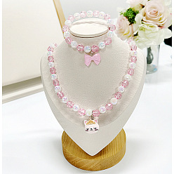 Cat Shape Ожерелье с подвеской из пластиковых бусин и браслет с подвесками из бусин, ребенок комплекты ювелирных изделий, форма кошки, 420 мм и 160 мм