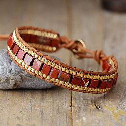 Имперская яшма Браслеты из окрашенной натуральной императорской яшмы и коровьей кожи, плетеные из бусин., регулируемые браслеты для женщин мужчин, квадратный, 6.69~9.06 дюйм (17~23 см)