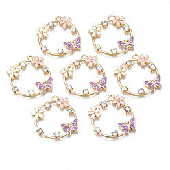 Средний Фиолетовый Стойки обшивки сплава эмали подвески, с Кристл AB горный хрусталь, без кадмия, без никеля и без свинца, золотой свет, цветок с бабочкой, средне фиолетовый, 28x28x3 мм, отверстие : 1.8 мм