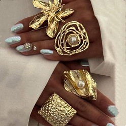 Золотой Кольца-манжеты из цинкового сплава и искусственного жемчуга для женщин, цветок, самородки и квадрат, золотые, внутренний диаметр: 16~18 мм