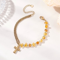 (52) Непрозрачная лаванда 304 из нержавеющей стали крест шарм браслеты, Эластичные браслеты из натуральных янтарных бусин для женщин, разноцветные, 7.40 дюйм (18.8 см)