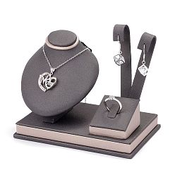 Gray Wooden Clovered with PU Leather Jewelry Displays, with Sponge and Paper Card, Gray, 8.5x14.7x11.8cm