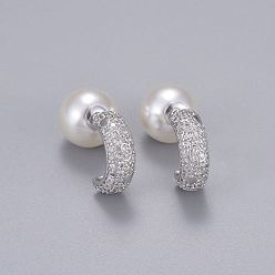 Платинированный Серьги-гвоздики из латунного микро-паве, серьги-кольца, с акриловой имитация жемчуга, долговечный, Реальная платина, 15.5x5.5 мм, штифты : 0.7 мм