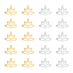 Черный Цвет Металла & Цвет Нержавеющей Стали 20 шт. 2 цвета 201 подвески из нержавеющей стали, лазерная резка, полый, лотос, настоящее золото и нержавеющая сталь, 14x18.5x1 мм, отверстие : 1.6 мм, 10 шт / цвет