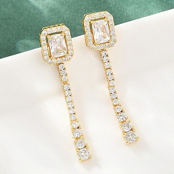 Real 18K Gold Plated Brass Micro Pave Cubic Zirconia Stud Earrings, Rectangle, Lead Free & Cadmium Free, Rack Plating, Long-Lasting Plated, Real 18K Gold Plated, 44x10mm