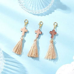 Золотой Подвесные украшения с кисточками из синтетической бирюзы и полиэстера, окрашенные распылением, крестик, Сплав с застежками когтя омара, золотые, 65~70 мм