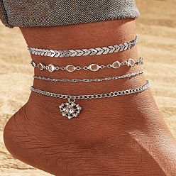 Платина Плоская круглая подвеска в форме сердца из сплава со стразами 4 многослойные браслеты на ногу для женщин, платина, 8-1/4~8-5/8 дюйм (210~220 мм), 4 шт / комплект