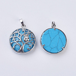 Synthetic Turquoise Synthetic Turquoise Pendants, with Brass Findings, Flat Round with Tree of Life, Platinum, 31~32x27x8~9mm, Hole: 5x7mm