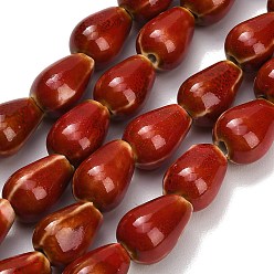 Red Handmade Porcelain Beads Strands, Bright Glazed Porcelain, Teardrop, Red, 14.5~15x10.5~11mm, Hole: 1.8mm, about 25pcs/strand, 14.02''(35.6cm)