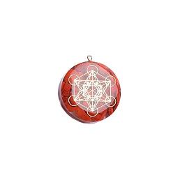 Golden Natural Red Jasper Chip Resin Pendants, with Metal Metatron's Cube Slice, Flat Round, Golden, 35x10mm
