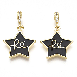Черный Латунные микро проложить кубического циркония подвески, с эмалью, без никеля , звезда со словом ре, реальный 16 k позолоченный, чёрные, 19x17.5x2 мм, отверстие : 2.5 мм
