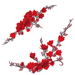 Красный Цветочная полиэфирная вышивка утюгом/пришивка нашивок, аппликации из цветков сливы в этническом стиле, для украшения манжеты воротника, с клейкой спинкой, красные, 440~645x168~275x1 мм, 2 шт / комплект