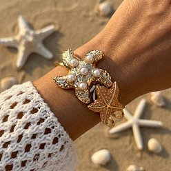 Pink Ocean Alloy Enamel Starfish Hinged Cuff Bangles for Women, with Plastic Pearl, Golden, Pink, Inner Diameter: 2.36 inch(6cm)