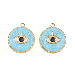 Настоящее золото 18K 304 нержавеющей стальной эмали подвески, плоский круглый с подвесками для глаз, ионное покрытие (ip), реальный 18 k позолоченный, 21.5x19x1.8 мм, отверстие : 2 мм