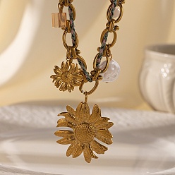 Настоящее золото 18K 304 ожерелья с подвеской в виде подсолнуха из нержавеющей стали, с акриловыми и стеклянными жемчужинами, ионное покрытие (ip), без кадмия, без никеля и без свинца, реальный 18 k позолоченный, 16.14 дюйм (41 см)