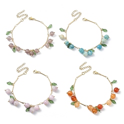 Mixed Stone 4Pcs 4 Style Natural Mixed Stone Beads & Acrylic Leaf Charm Bracelets Set, with Real 18K Gold Plated Brass Bar Link Chains, 7-3/8 inch(18.7cm), 1Pc/style