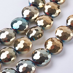 Зеленое Покрытие Стеклянные бусины с гальваническим покрытием , полное покрытие, граненые, плоско-круглые, зеленый покрытием, 14x8 мм, отверстие : 1 мм, около 25 шт / нитка, 13.7 дюйм