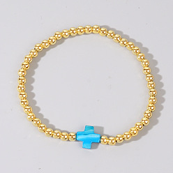 Темно-Голубой Латунные круглые бусины эластичные браслеты, Окрашенные натуральные ракушки, крестики-украшения для женщин, золотые, глубокое синее небо, 6.89 дюйм (17.5 см)