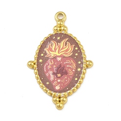 Rosy Brown Printed 304 Stainless Steel Pendants, Oval with Heart Pattern, PVD Vacuum Plating, Real 18K Gold Plated, Rosy Brown, 32x20.5x2mm, Hole: 1.8mm