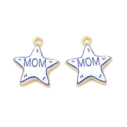 Real 18K Gold Plated Printed Brass Pendants, Star with Word Mom Charms, Rack Plating, Long-Lasting Plated, Lead Free & Cadmium Free, Blue, Real 18K Gold Plated, 21.5x18.5x3.5mm, Hole: 1.7mm