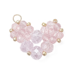 Pink Стеклянные подвески, шарма сердца, с бисером и 304 соединительными кольцами из нержавеющей стали, граненые, реальный 18 k позолоченный, розовые, 18x23x6 мм, отверстие : 3 мм