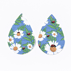 Verdeck blau Pu-Leder große Anhänger, Träne, mit Blumenmuster, Verdeck blau, 55x35x2 mm, Bohrung: 2 mm