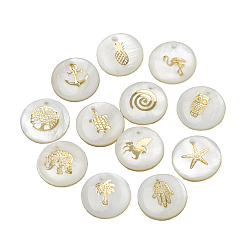 Морская Ракушка Природные подвески оболочки пресноводных, плоские круглые с рисунком, цвет морской раковины, 16x3.5~4 мм, отверстие : 1.2 мм, 12 шаблоны, 5 шт / образец, 60 шт / коробка