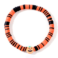 Оранжевый Браслеты из полимерной глины хейши на Хэллоуин, пластиковые украшения для женщин, плоские круглые с тыквой, оранжевые, 6.89 дюйм (17.5 см)