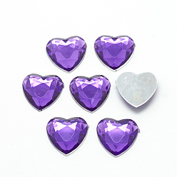 Темно-Фиолетовый Акриловые горные хрусталь плоские задние кабошоны, граненые, Дно посеребренные, сердце, темно-фиолетовый, 14x14x4 мм