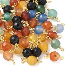 (52) Непрозрачная лаванда Крашеный натуральный агат граненые круглые подвески-соединители, с петлями из латунной проволоки, реальный 18 k позолоченный, стойки покрытие, долговечный, разноцветные, 14x6 мм, отверстие : 1.2 мм