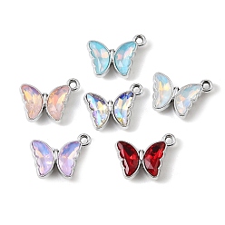 Platino Colgantes de vidrio de aleación de chapado uv, encanto de mariposa, facetados, color mezclado, Platino, 14x17.5x4.5 mm, agujero: 1.6 mm
