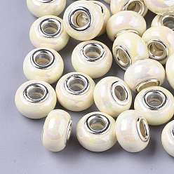 Светло-желтый Непрозрачная смола европейский бисер, бусины с большим отверстием, имитация фарфора, с латунными двойными ядрами, платиновый оттенок, AB цвет, рондель, светло-желтый, 14x9 мм, отверстие : 5 мм