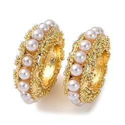 Настоящее золото 18K Латуни европейского бисера, с ABS имитации жемчуга, бусины с большим отверстием, стойки покрытие, долговечный, без свинца и без кадмия, плоско-круглые, реальный 18 k позолоченный, 12x4.5 мм, отверстие : 6 мм