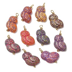 Mixed Color Baking Paint & Golden Metal Enlaced Glass Pendants, Picasso Pendants, Owl Charms, with Brass Loops, Real 18K Gold Plated, Mixed Color, 25x16x7mm, Hole: 2.2mm