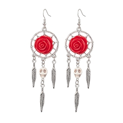 Красный Серьги-подвески из смолы и синтетической бирюзы, с латунной фурнитурой , Хэллоуин роза череп, красные, 98x28 мм