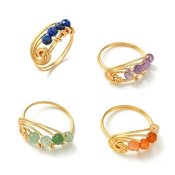 Light Gold 4Pcs 4 Style Natural Mixed Gemstone Round Beaded Finger Rings, Copper Wire Wrapped Vortex Ring, Light Gold, US Size 8 1/2(18.5mm), 1Pc/style