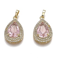 Pink Позолоченная латунь с микропаве из прозрачного кубического циркония, со стеклом, долговечный, с кнопкой на поруки, слеза, розовые, 24.5x16x7.5 мм, отверстие : 3x5 мм