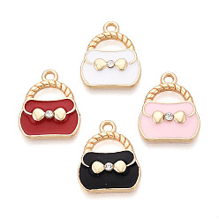 (52) Непрозрачная лаванда Подвески из эмали и сплава, со стразами, без кадмия и без свинца, золотой свет, сумочка очарование, разноцветные, 19.5x15.5x2.5 мм, отверстие : 1.8 мм