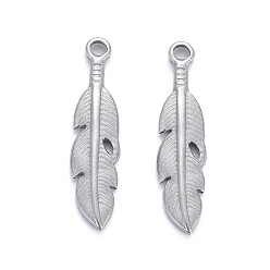 Stainless Steel Color Non-Tarnish 304 Stainless Steel Pendants, Leaf, Stainless Steel Color, 21.5x5x2mm, Hole: 1.4mm