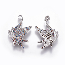 Платина Латунные микро проложить кубического циркония подвески, бабочка, красочный, платина, 30.5x22x3 мм, отверстие : 4x5 мм