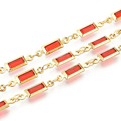 Оранжево-Красный Латунные прямоугольные цепи, со стеклом, пайки, с катушкой, долговечный, золотые, оранжево-красный, 14.5~15x4x2 мм, около 32.81 футов (10 м) / рулон